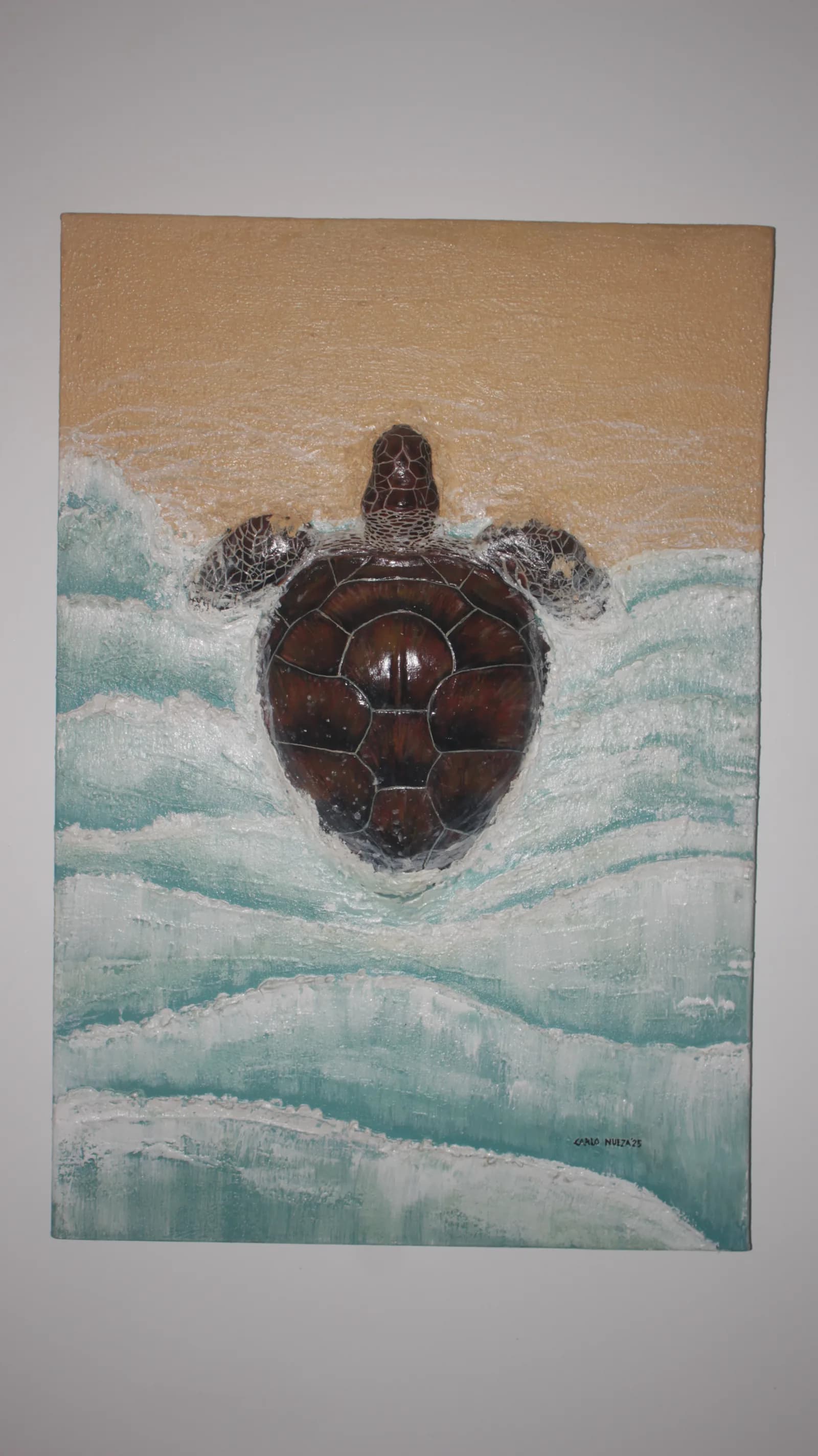 A single sea turtle hatchling crossing pale sand and surf