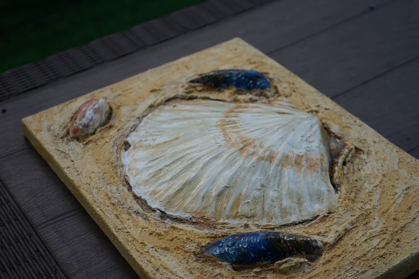 White scallop shell in textured relief on a sandy board