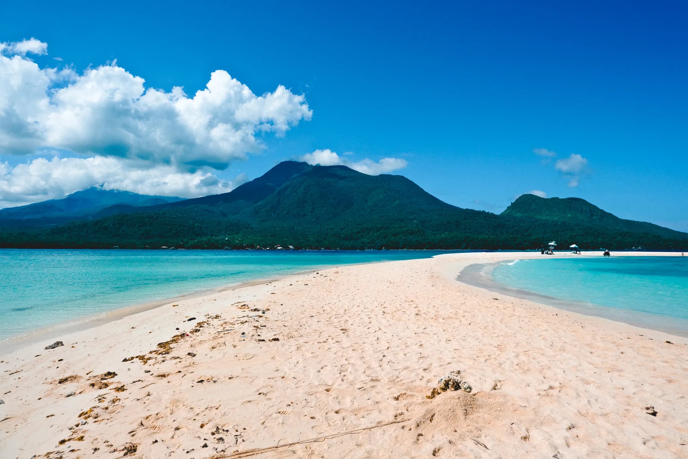 The white sandbar of White Island with Mount Hibok-Hibok behind it